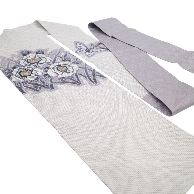 中古】 名古屋帯 リサイクル 藤娘きぬたや 絞り 正絹 九寸 薄灰紫 薄紫