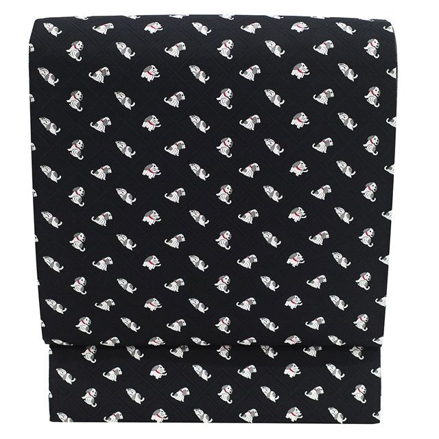 袋帯 正絹 京都 西陣 全通 織り柄 黒 犬 いぬ イヌ 動物 くつろぐ犬 かわいい カジュアル 春 秋 冬 上質 仕立て上がり みやがわ sb 54722