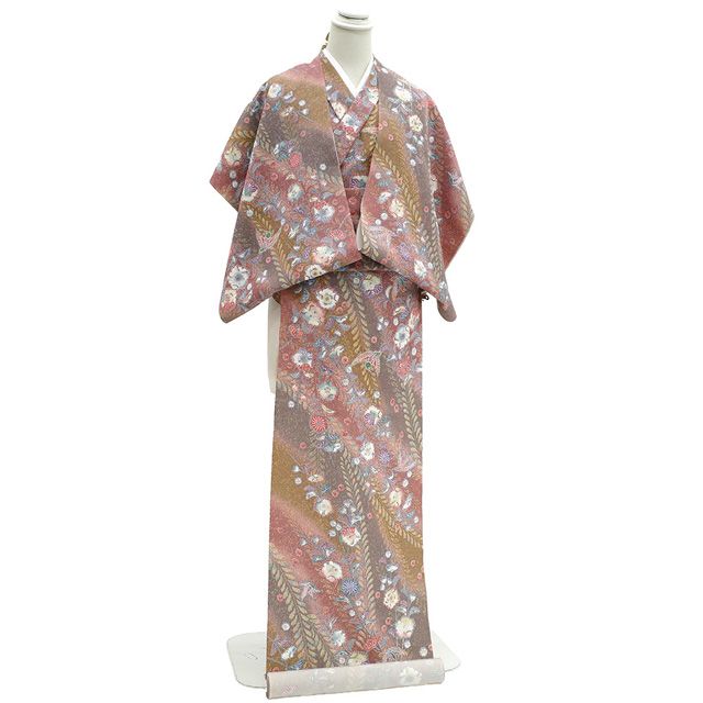 小紋 着物 着尺 反物 正絹 染め柄 ピンクグレー 黄茶色 グレー ぼかし 辻が花 鳥 おしゃれ 羽織 や コート にも お仕立てＯＫ カジュアル 春 秋 冬 上質 未仕立て みやがわ sb 16587