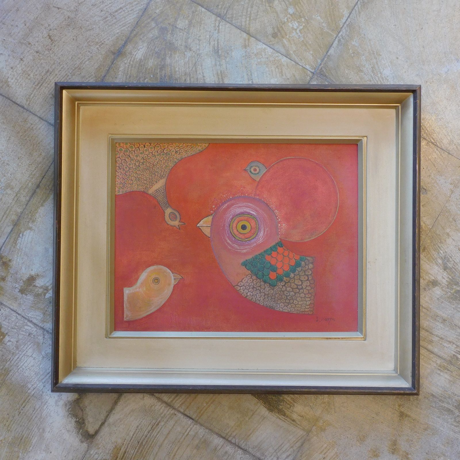 針生鎮郎 油彩 F 6号 鳥の歌 額装 HK a 05653