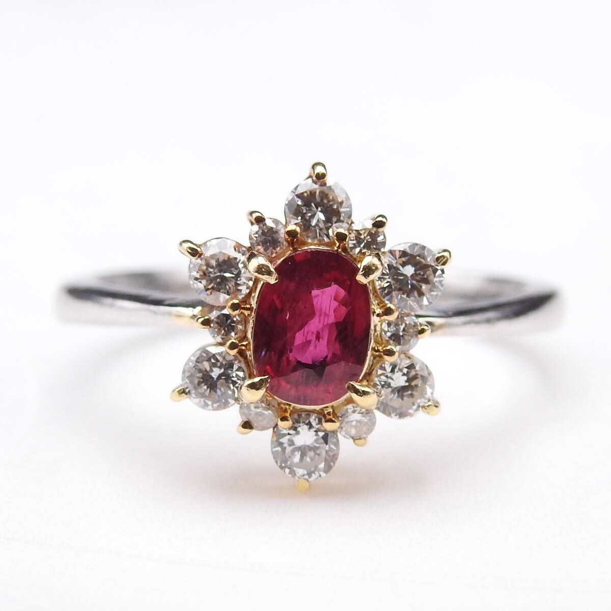 PT 900 K 18 ルビー0.43 ct ダイヤ0.37 コンビリング レディース 10号 正規素材 ️AAランク 上質な輝きが指先を彩る 感漂うノーブランドジュエリー ルビー×ダイヤの華やかデザイン プラチナ イエローゴールド