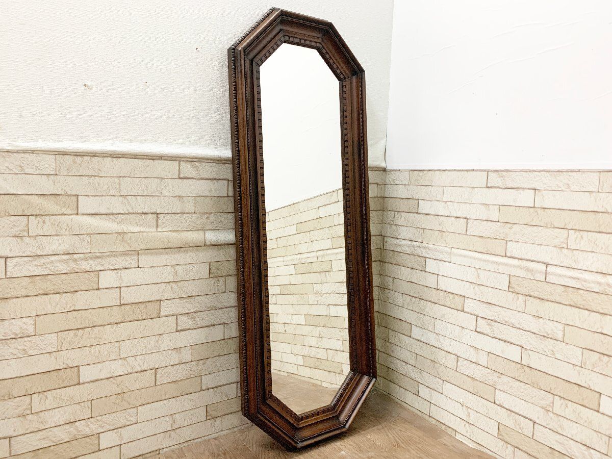 イタリアクラシック ミラー ウォールミラー 壁掛け 八角形 全身鏡 木製 姿見 彫刻 立て掛け ヴィンテージ レトロ 畑1166