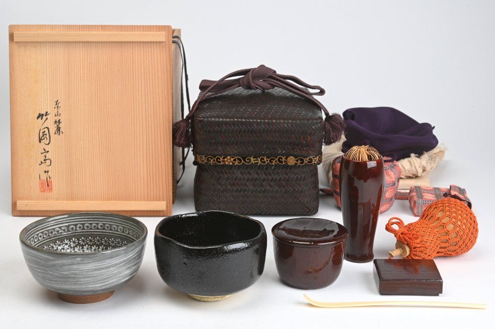 東山麗 竹園斎作 淡々斎好 色紙点 竹網代 御所籠 茶籠 茶道具一式 共 茶道具セット