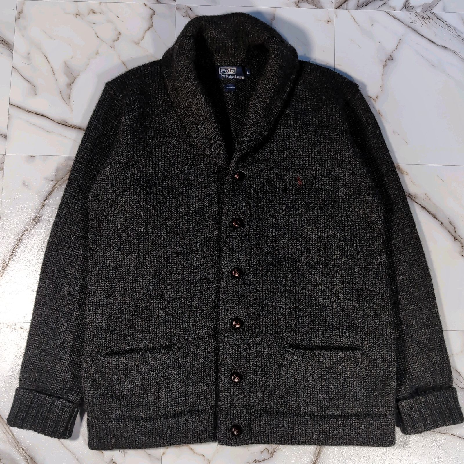 90s ポロバイラルフローレン 肉厚 ショール カーディガン L 灰 ポニー刺繍 クルミボタン