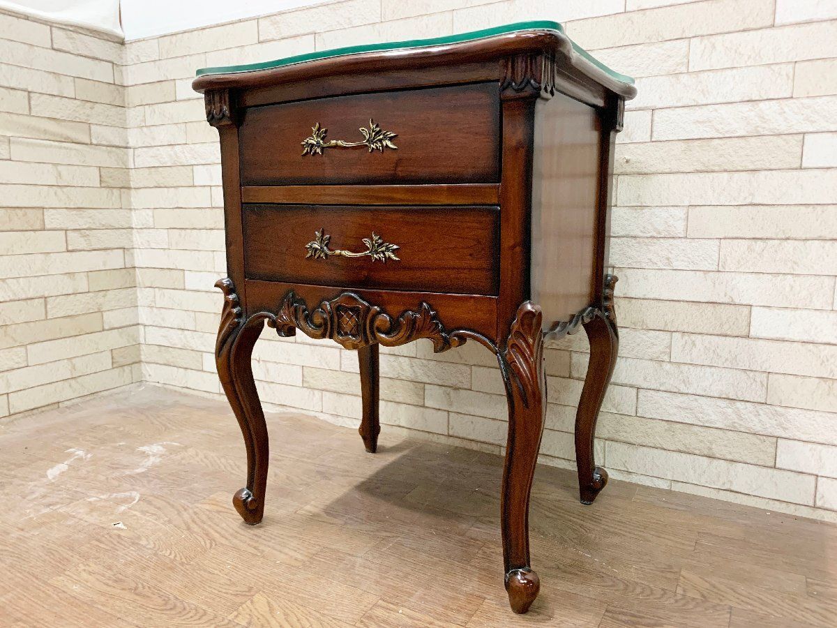 □サイドテーブル マホガニー材 ガラス天板付き コンソールチェスト