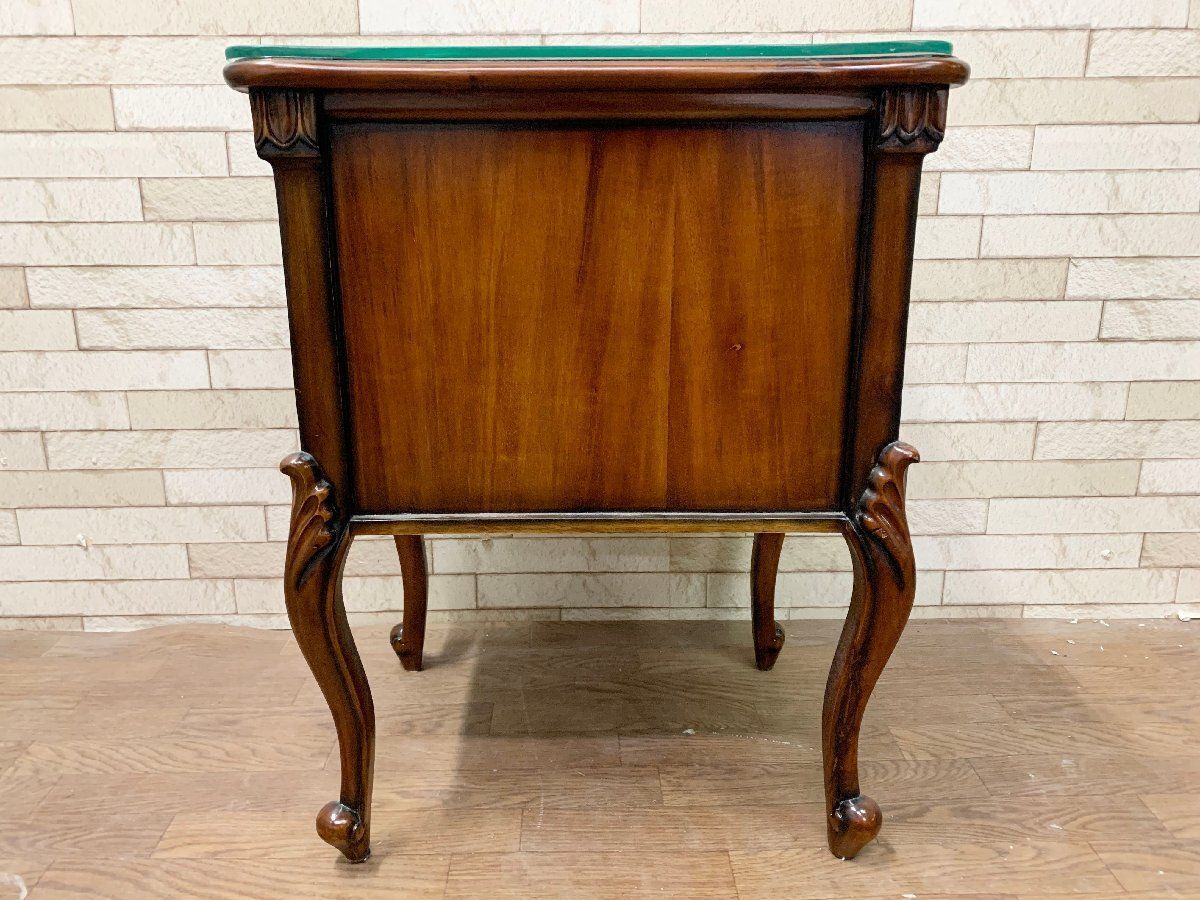 □サイドテーブル マホガニー材 ガラス天板付き コンソールチェスト