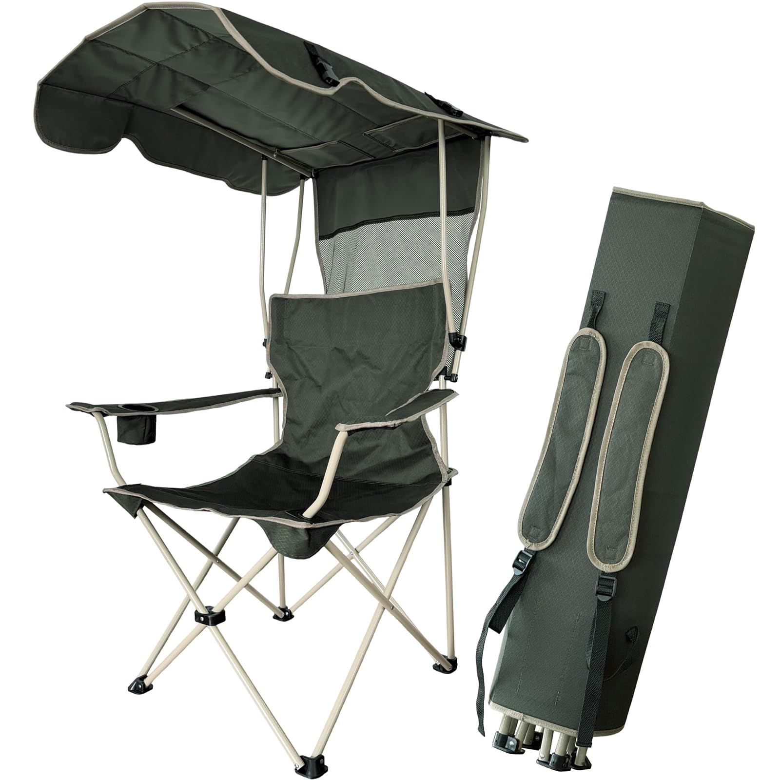 KYOSER アウトドアチェア 日除けシェード付き 椅子 折り畳み お釣り シェード 日よけ キャンプチェア 紫外線対策 UVカット カップホルダー付き オリーブ
