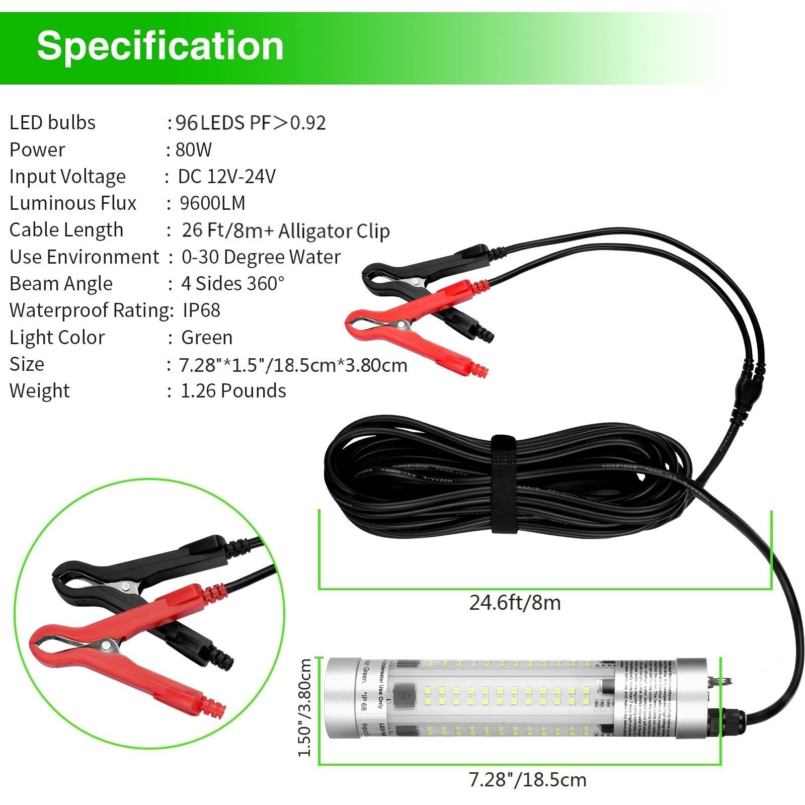 水中集魚灯 300W超高輝度耐久性アルミニウム夜間水中魚餌LEDランプ 36000ルーメンDC12V-24V 12m電源ケーブル