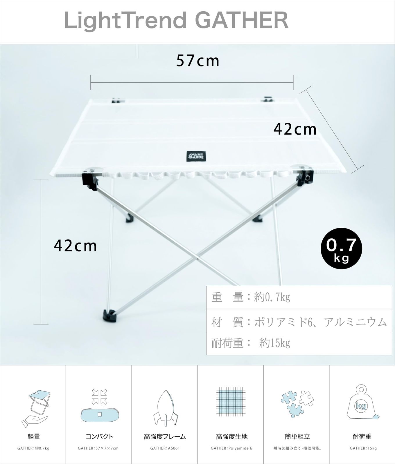 AVANT GARDE LightTrend アウトドアテーブル軽量 693g 折りたたみ コンパクト 高強度 A6061 アルミ 透明感 生地 Polyamide 6 収納ポーチ付き キャンプテーブル ロールテーブル キャンプ お釣り 登山
