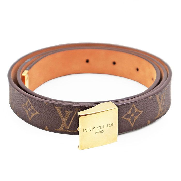 LOUIS VUITTON ルイ ヴィトン ベルト レザー サンチュール キャレ モノグラムキャンバス LVロゴ ゴールドバックル セミドレス カジュアル メンズ サイズ不明 ウエスト106.5 119 cm ブラウン ゴールド 茶色 金色 西 仏製