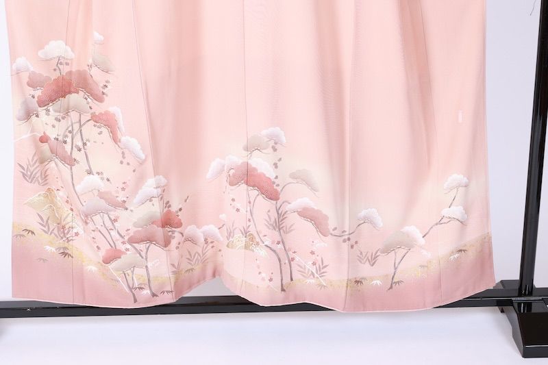  色留袖 一つ紋丸に三階菱 桜色 茶 グレー ゴールド グリーン 金駒加工 作家もの B 1104 色留袖 着物