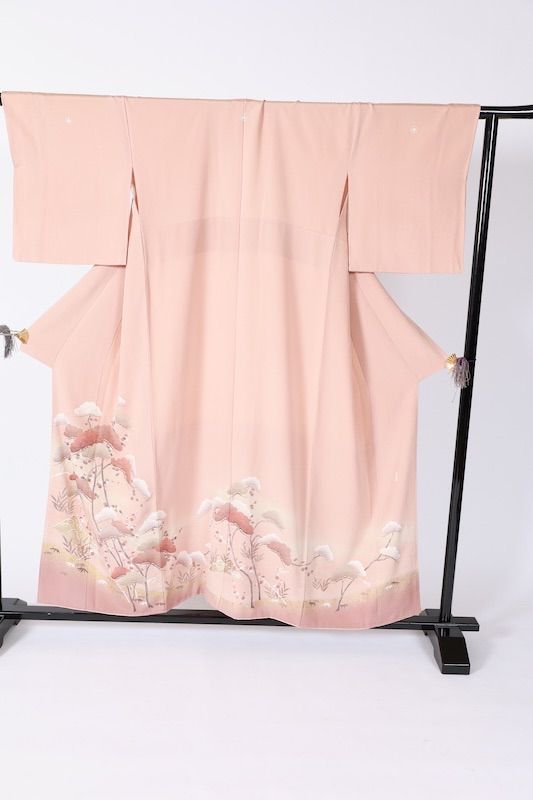 色留袖 一つ紋丸に三階菱 桜色 茶 グレー ゴールド グリーン 金駒加工 作家もの B 1104