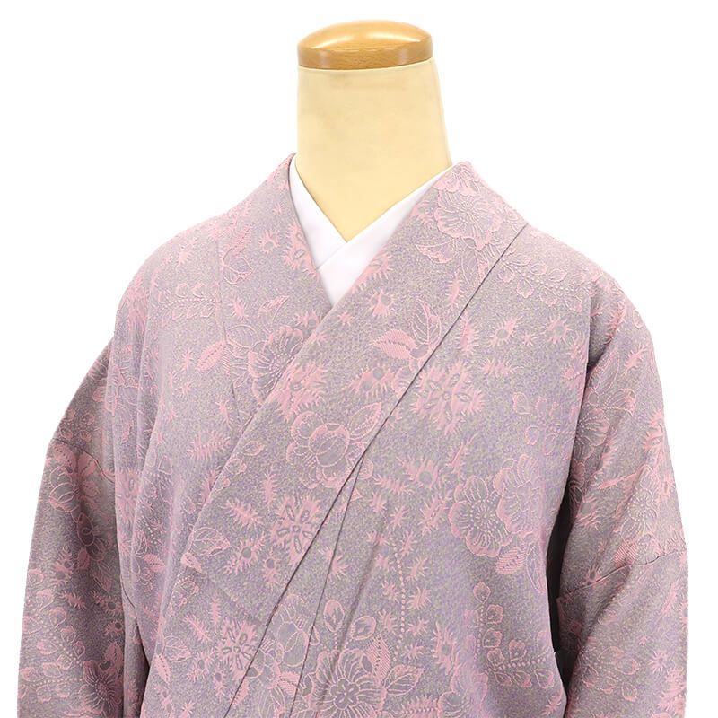小紋 小紋着物 袷 レディース 正絹 グレー ピンク 辻が花 地模様 一つ紋 蔦 身丈165.5 cm 裄丈69 カジュアル 街歩き お稽古 Lサイズ相当 ゆったりサイズ