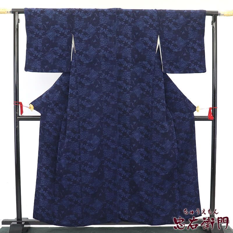 小紋 小紋着物 袷 レディース 正絹 藍色 藍染風 花 流水 身丈162.5 cm 裄丈66.5 カジュアル 街歩き お稽古 M～Lサイズ相当