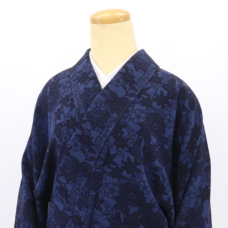 小紋 小紋着物 袷 レディース 正絹 藍色 藍染風 花 流水 身丈162 5 cm 裄丈66 カジュアル 街歩き お稽古 M～Lサイズ相当