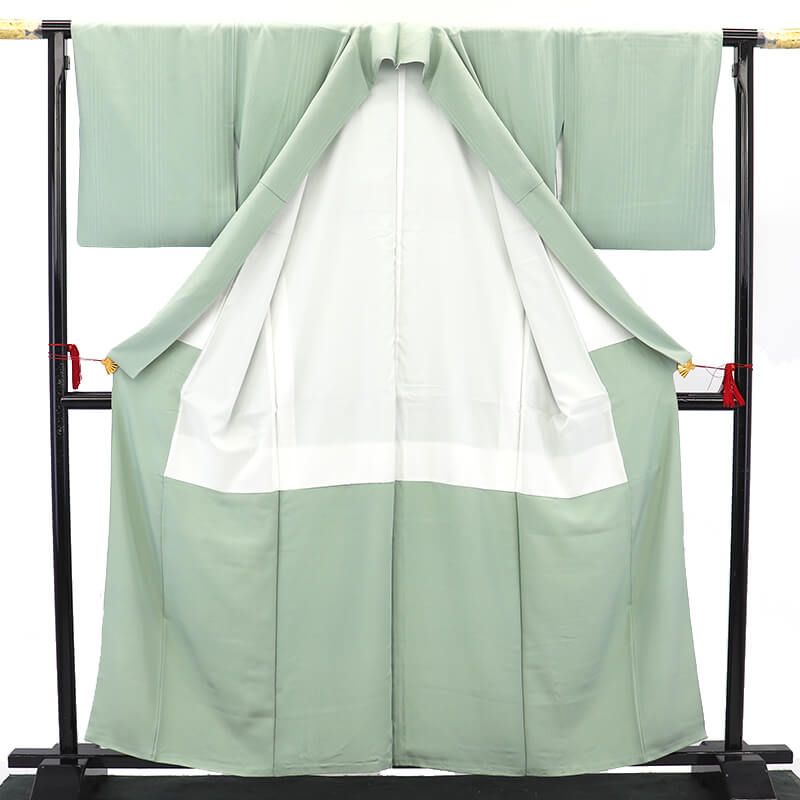  色無地 無地着物 袷 レディース 正絹 薄緑 紋なし 無地 身丈163 5 cm 裄丈68 お稽古 気軽なお茶会 M～Lサイズ相当 ゆったりサイズ 色無地 着物