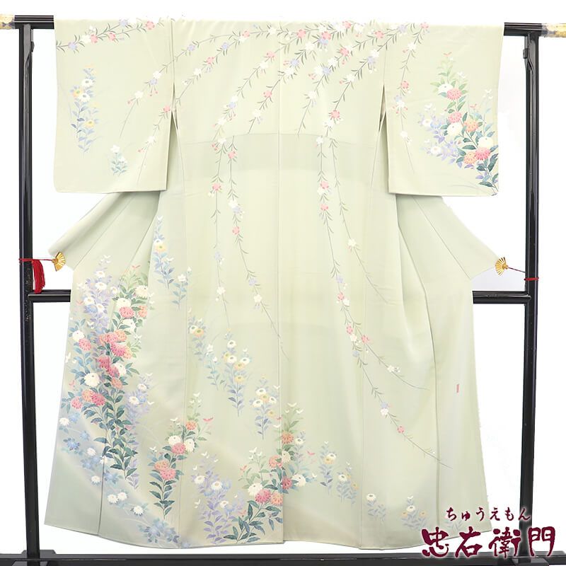 十日町友禅 岡村蒼風 付下げ フォーマル 袷 レディース 正絹 薄緑 菊