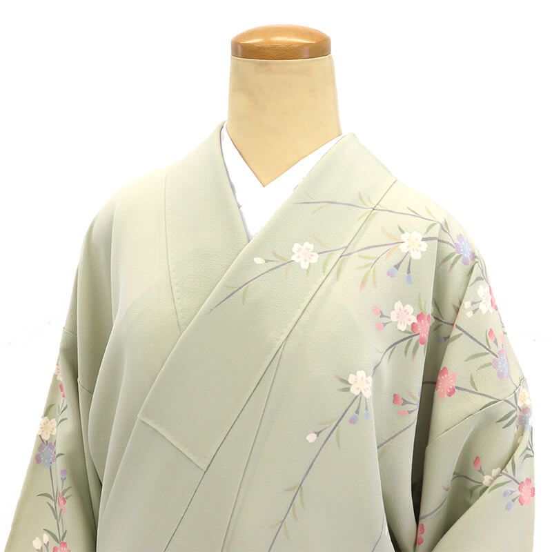 未使用　トールサイズ　付下げ　十日町友禅　正絹　袷　裄丈71.5 身丈170 十日町友禅 岡村蒼風 付下げ フォーマル 袷 レディース 正絹 薄緑 菊