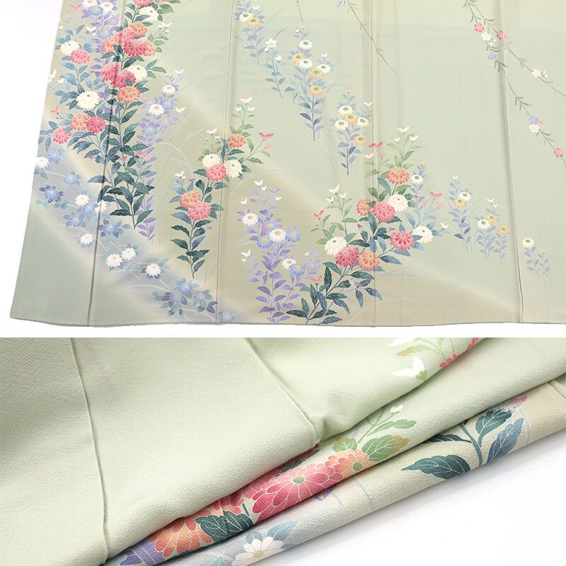 十日町友禅 岡村蒼風 付下げ フォーマル 袷 レディース 正絹 薄緑 菊