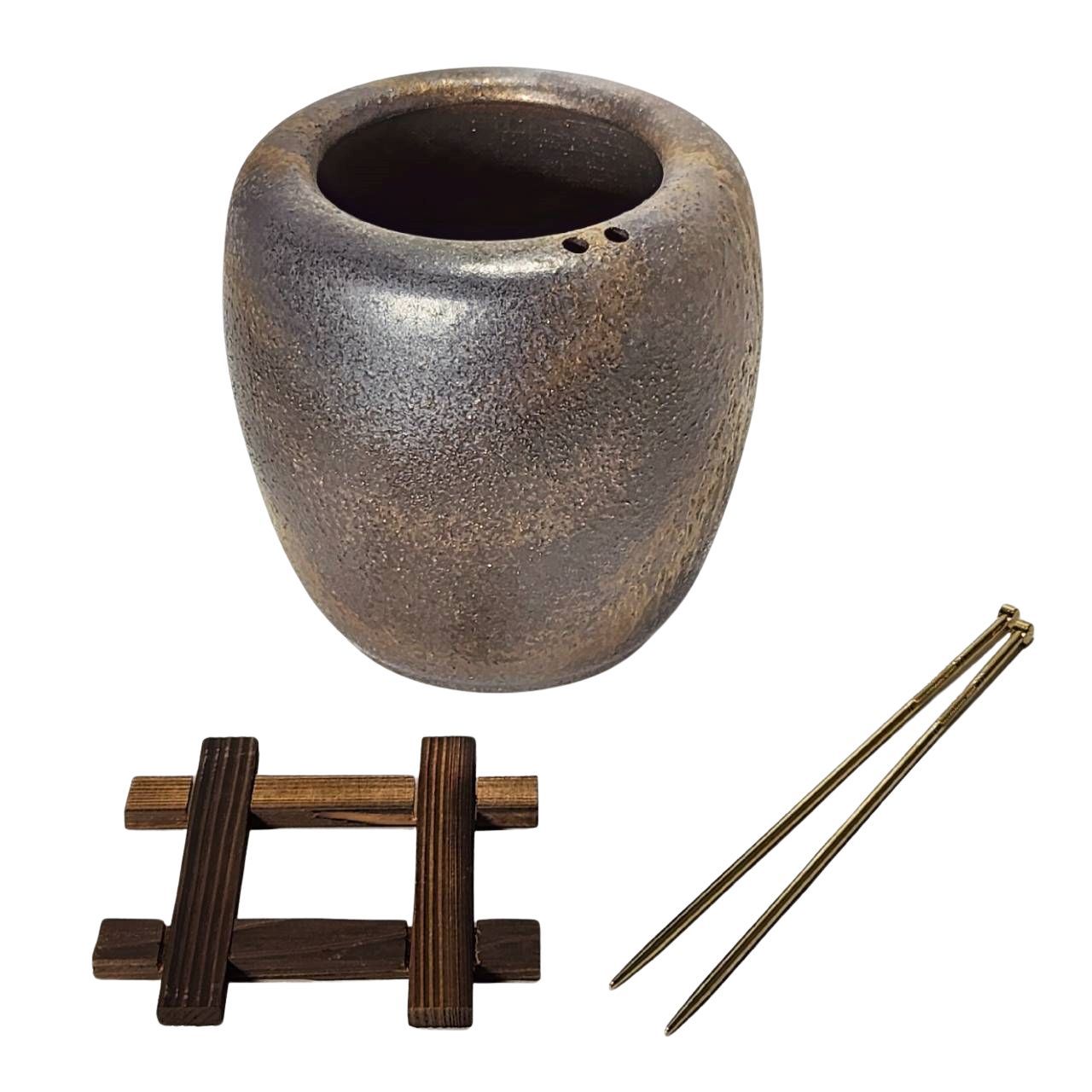 砂釉金彩火鉢型灰皿セット 6号 （信楽焼き・陶器・火鉢・暖房・わら灰