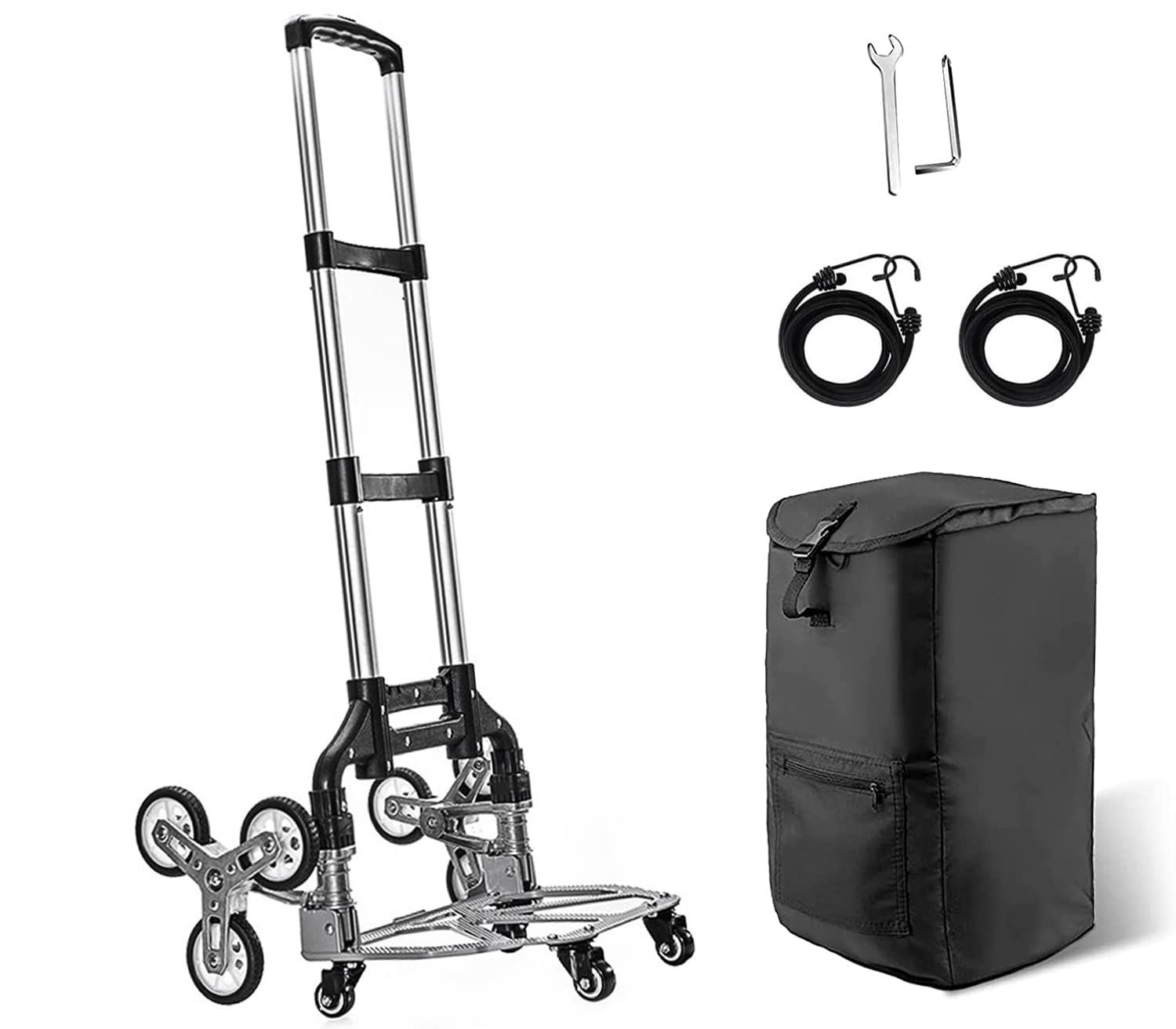 キャリーカート 折りたたみ ハンドキャリー 階段 3輪 10つの車輪 段差 台車 360度回転 静音 大型タイヤ 高さ調節 軽量 耐荷重80KG キャンプ アウトドア 引っ越し 災害時 買い物 旅行 固定ロープ2本付き シルバー 10輪ゴムタイヤ バ