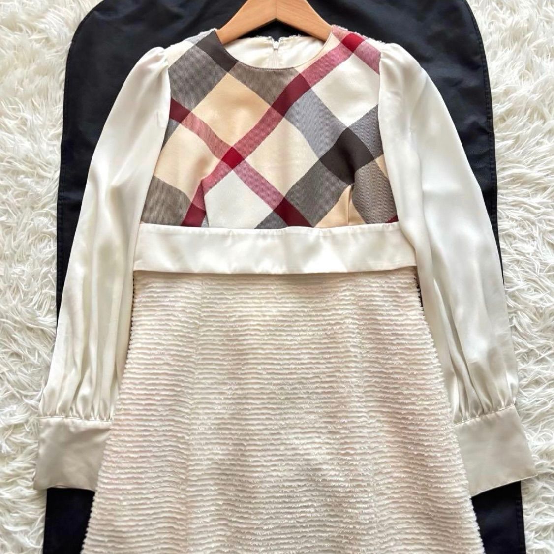 2025 ブルーレーベルクレストブリッジ フリンジジャカードコンビドレス 白 36