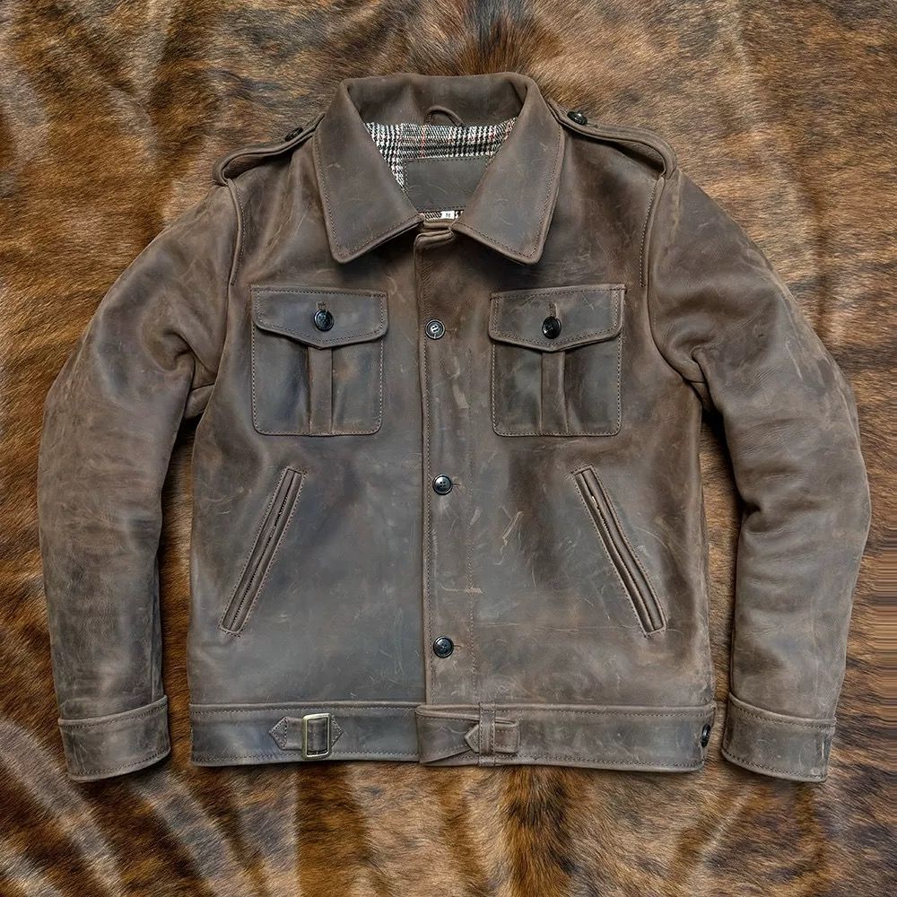 h 重厚インポート 2.0mm クレイジーホースレザー P37 ジャケット メンズ 本革 2.0mm 厚手 全粒面 無塗装 ワックス仕上げ ビンテージ 冬 感