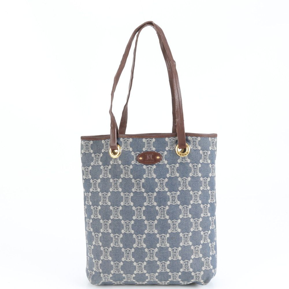 セリーヌ トリオンフ パリ マカダム レザー デニム トート バッグ 肩掛け ショルダー ブラウン A4 レディース RCE CY32-2