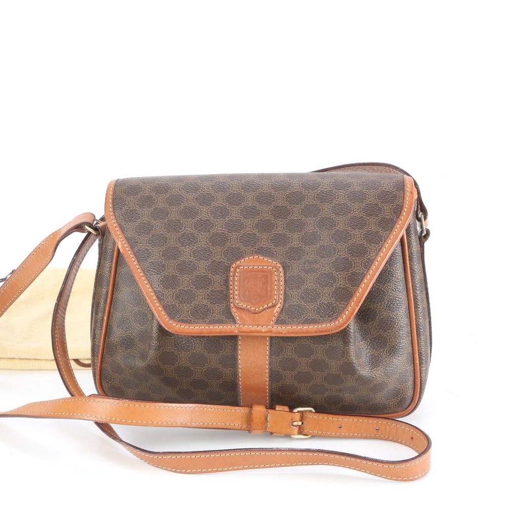 【送料無料】 ヴィンテージ セリーヌ マカダム レザー ショルダーバッグ 斜め掛け クロスボディ ブラウン 茶色 レディース REE CZ3-1 品質保証 ！