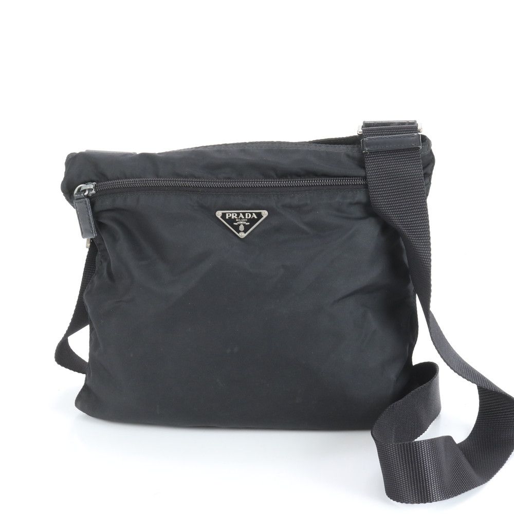 プラダ テスート ナイロン 三角 トライアングル ロゴ レザー ショルダーバッグ 斜め掛け メッセンジャー 黒 メンズ REE CZ3-9