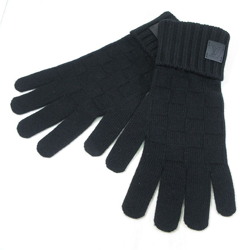 LOUIS VUITTON ルイ ヴィトン 手袋 M 72682 ダミエ ゴン ヘルシンキ カシミヤ グローブ レザーパッチ ブラック 135