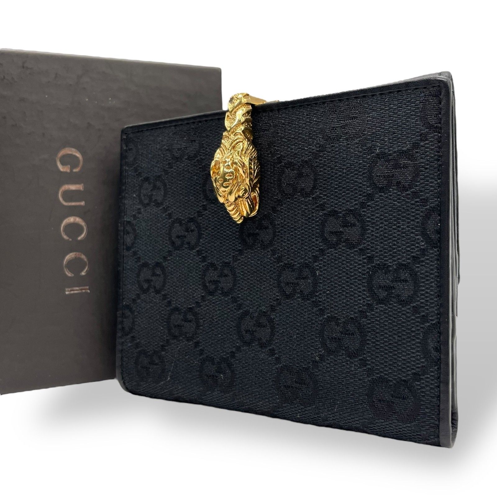 GUCCI グッチ GGキャンバス タイガーヘッド 二つ折り財布 コンパクトウォレット GG柄 虎 キャンバス レザー ブラック ゴールド金具 ヴィンテージ レディース M 2