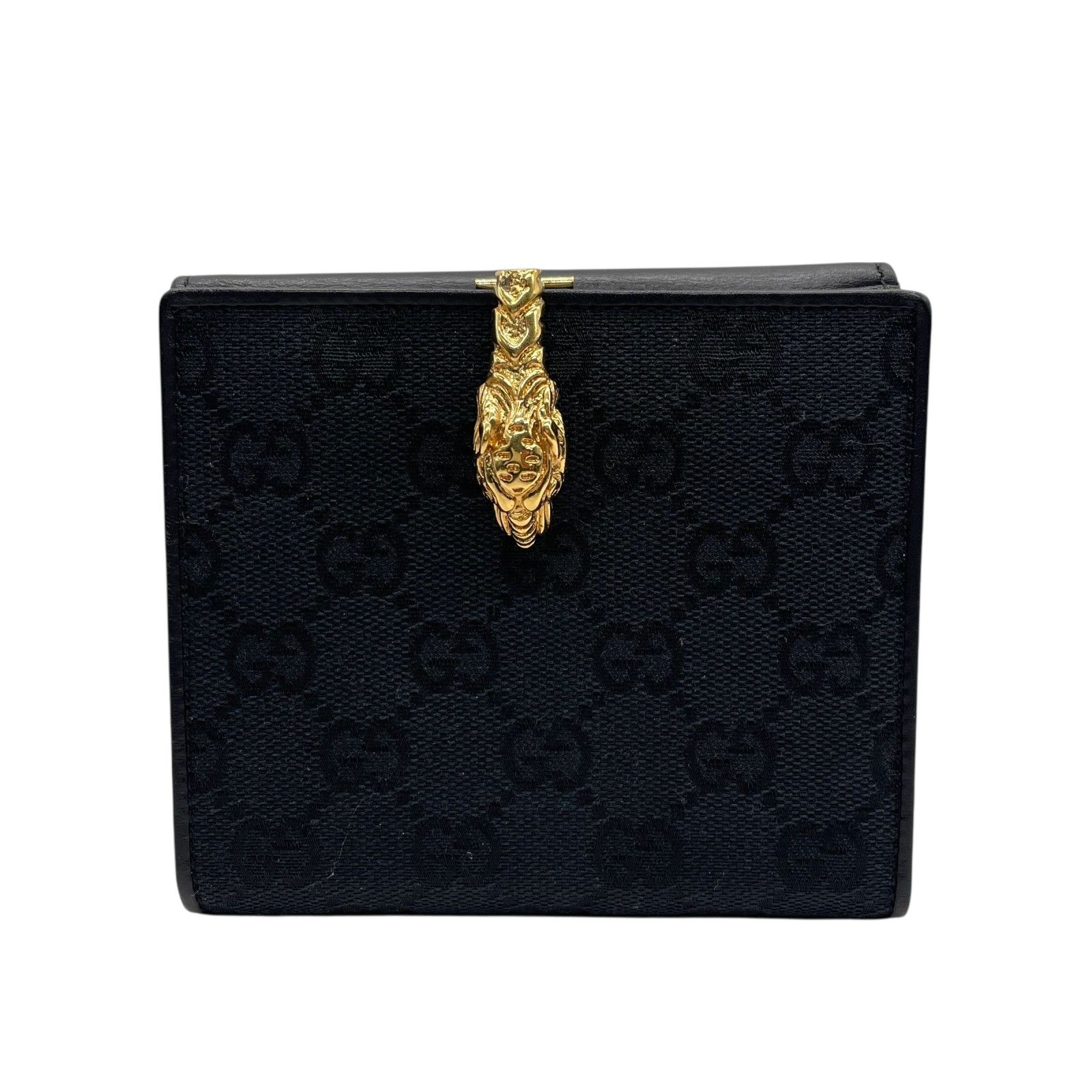 GUCCI グッチ GGキャンバス タイガーヘッド 二つ折り財布 コンパクトウォレット GG柄 虎 キャンバス レザー ブラック ゴールド金具 ヴィンテージ レディース M 2