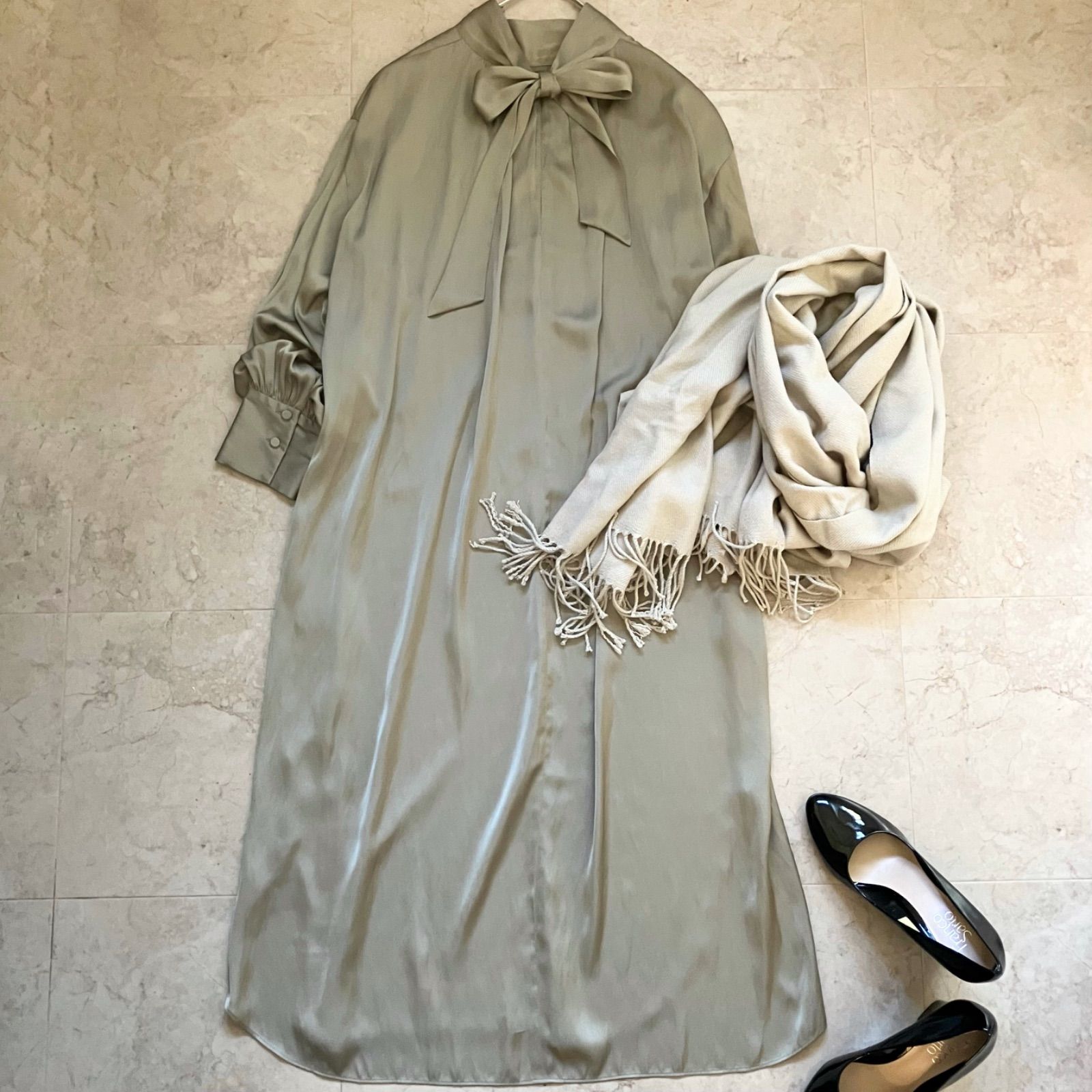 1 er Arrondissement プルミエアロンディスモン 2 way ロングワンピース ベージュ 38 リボンタイ付き とろみ素材 上品 着回し 通勤 通学 お出かけ 春 秋 冬 体型カバー オケージョン ナチュラル