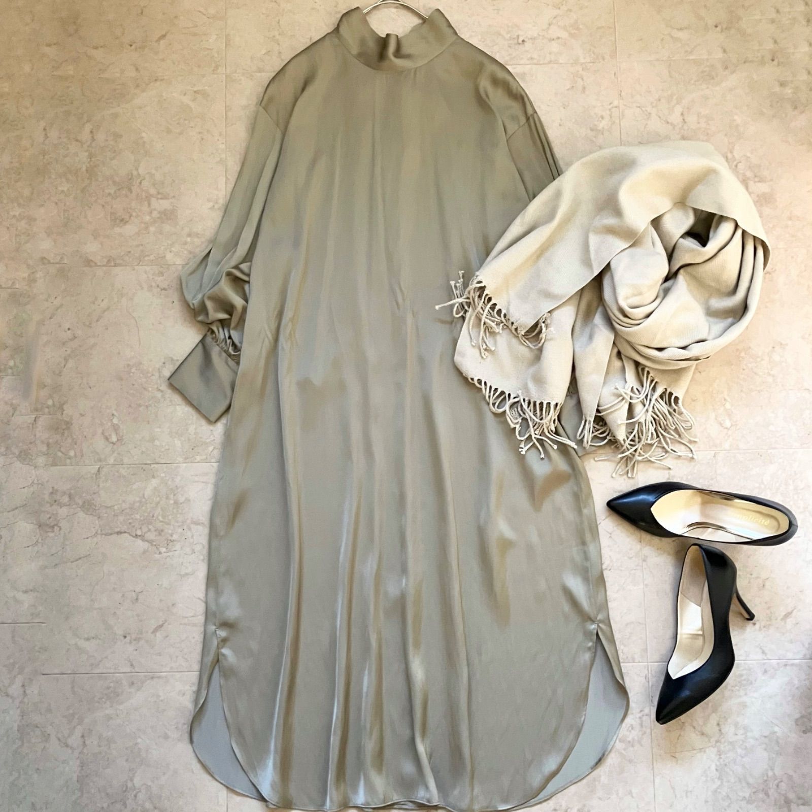 1er Arrondissement プルミエアロンディスモン 2way ロングワンピース ベージュ 38 リボンタイ付き とろみ素材 上品 着回し 通勤 通学 お出かけ 春 秋 冬 体型カバー オケージョン ナチュラル