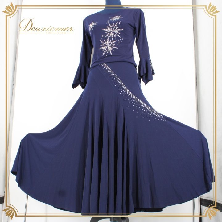 社交ダンス 衣装 上下セット ツーピース レッスンウェア パーティ衣装 女性用 レディース オールシーズン ネイビー系 紺 ラインストーン シンプル 伸縮性 軽量 おしゃれ 着心地良好 感 上品 ダンス用 セットアップ