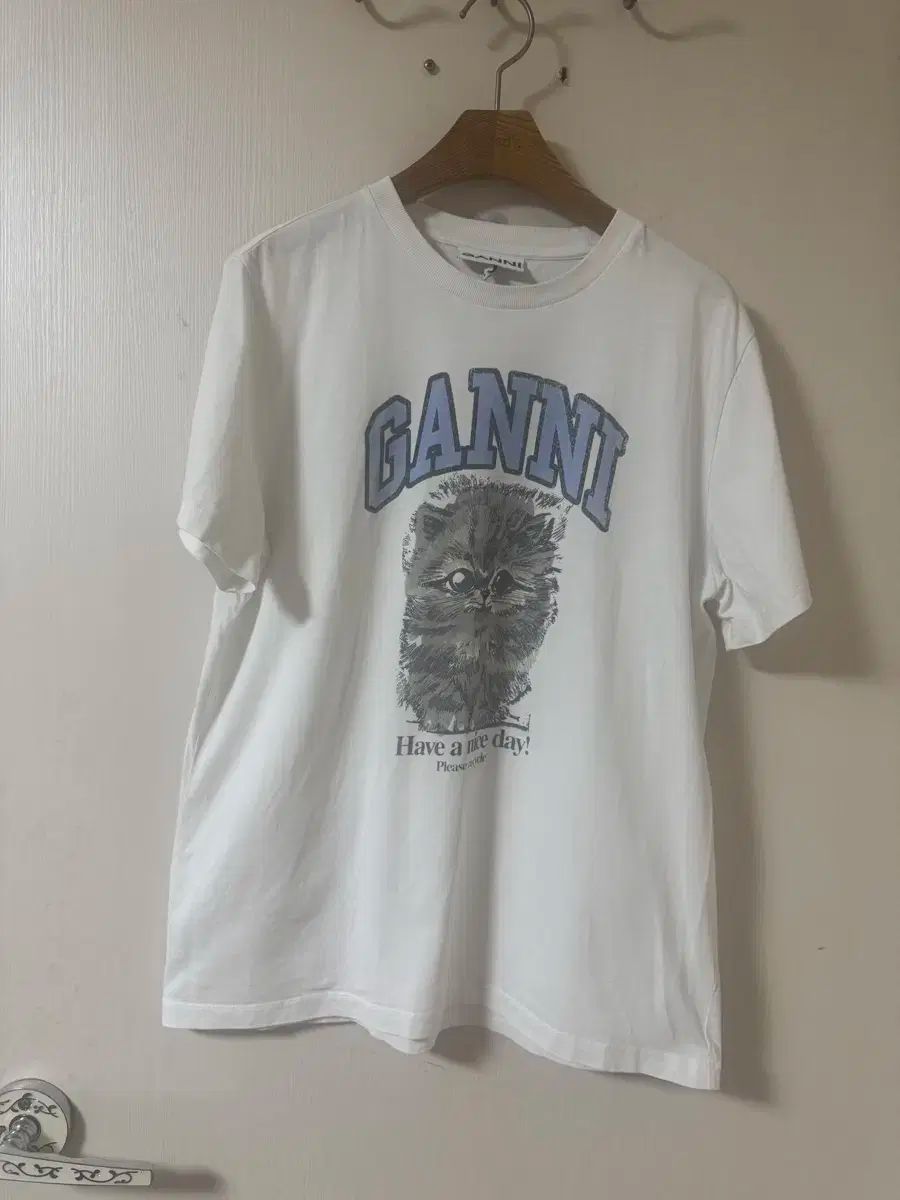 ガニー GANNI 白 猫 プリンティング 半袖 Tシャツ