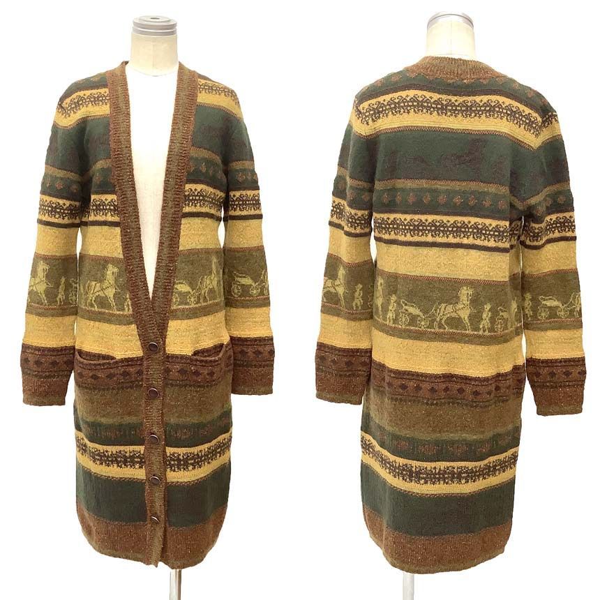 HERMES エルメス ニットカーディガン ロングカーディガン カシミヤ混 イエロー ブラウン 馬 馬車 ゴルチエ期 aq12110