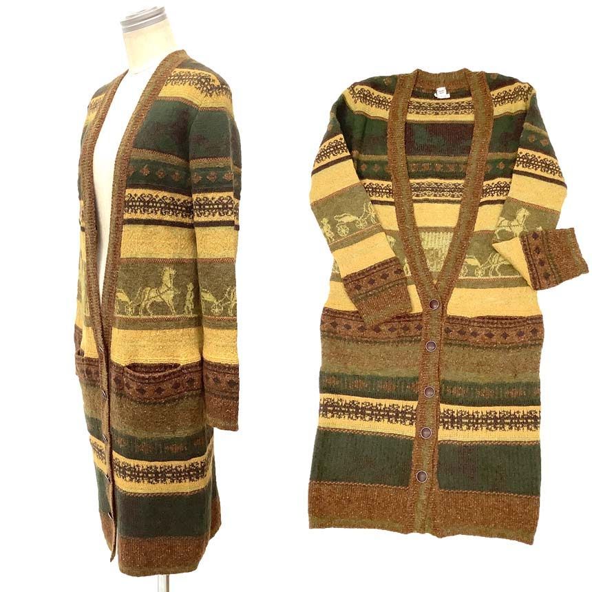 HERMES エルメス ニットカーディガン ロングカーディガン カシミヤ混 イエロー ブラウン 馬 馬車 ゴルチエ期 aq12110