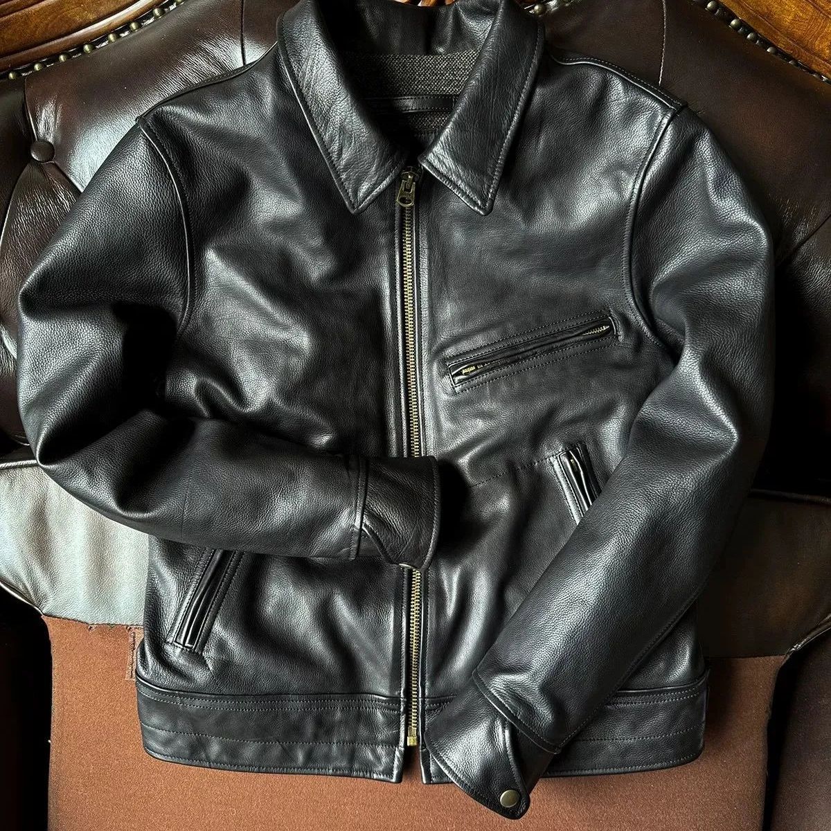 h ムーランルージュ インポート カーフレザー ブラック メンズ バイクジャケット 本革 ジャケット アメリカンカジュアル ウッドボックス付き 裏起毛 ビジネス&ヴィンテージ風