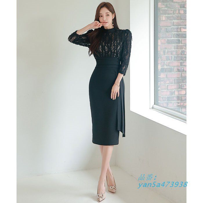 シースルー刺繍トップ ハイウエスト膝丈タイト 七分袖ワンピース 黒 キャバ スナック 服装 韓国 レディース ドレス セクシー yan 5 a 473938