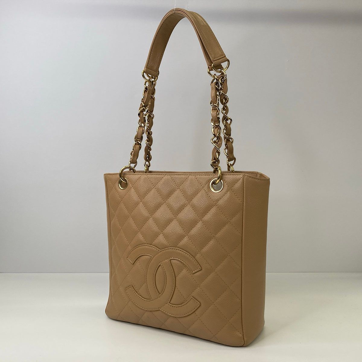 CHANEL シャネル キャビアスキン マトラッセ PST チェーン トートバッグ レディース レザー ベージュ