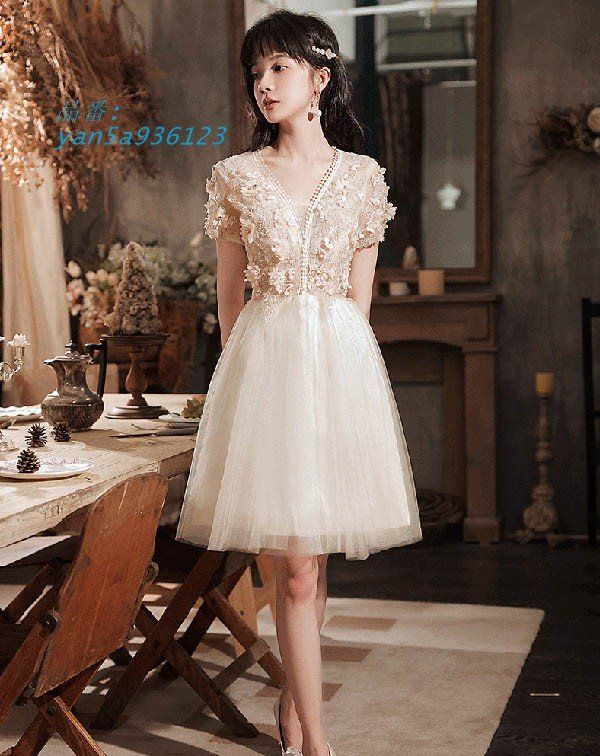 ショートドレス ドレス 大人 ピアノ 発表会 袖付き Aライン フォーマル ワンピース Vネック 二次会 成人式ドレス 披露宴 膝丈 yan5a936123