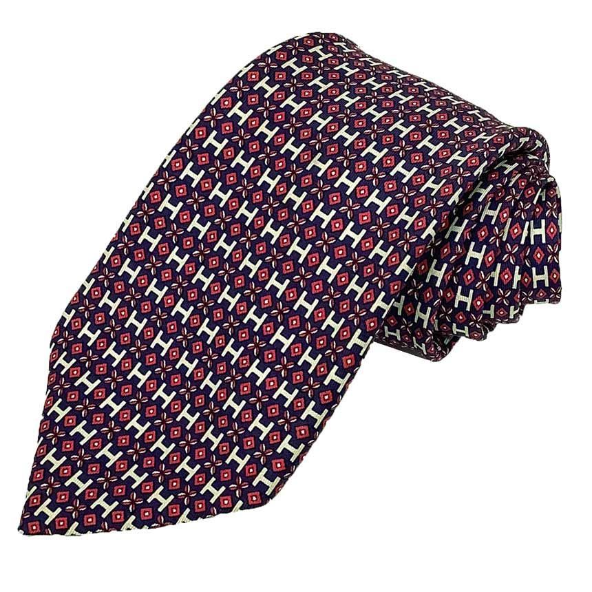 HERMES エルメス シルク ネクタイ H柄 ネイビー aq 12102