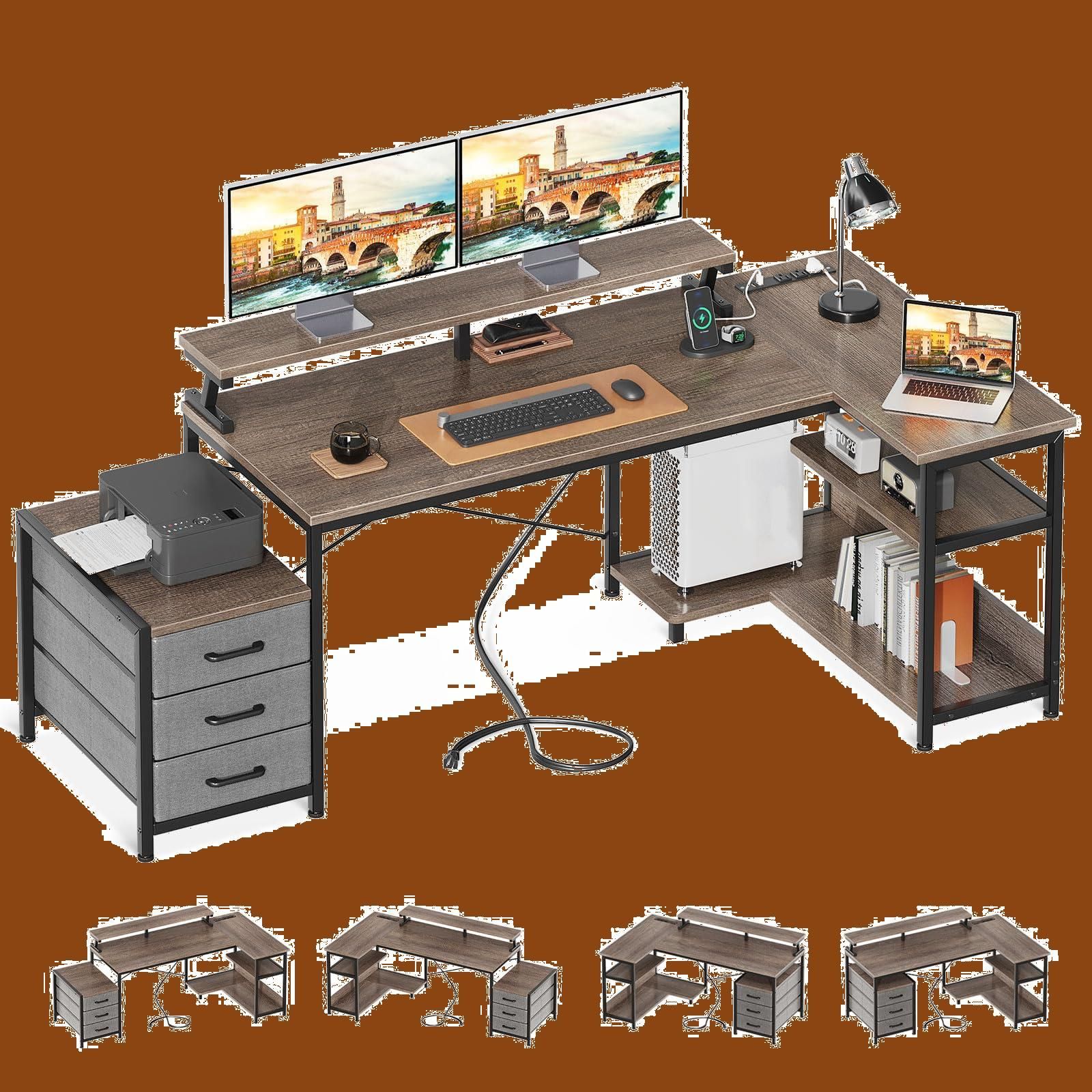 数量 コーナーデスク 収納 エル字デスク オフィスデスク 棚付き pcデスク 在宅勤務 幅184 146 80 机 仕事用 デスク l字デスク コンセント付き 組立簡単 ゲーミングデスク 引き出し3杯付き グレー パソコンデスク ODK