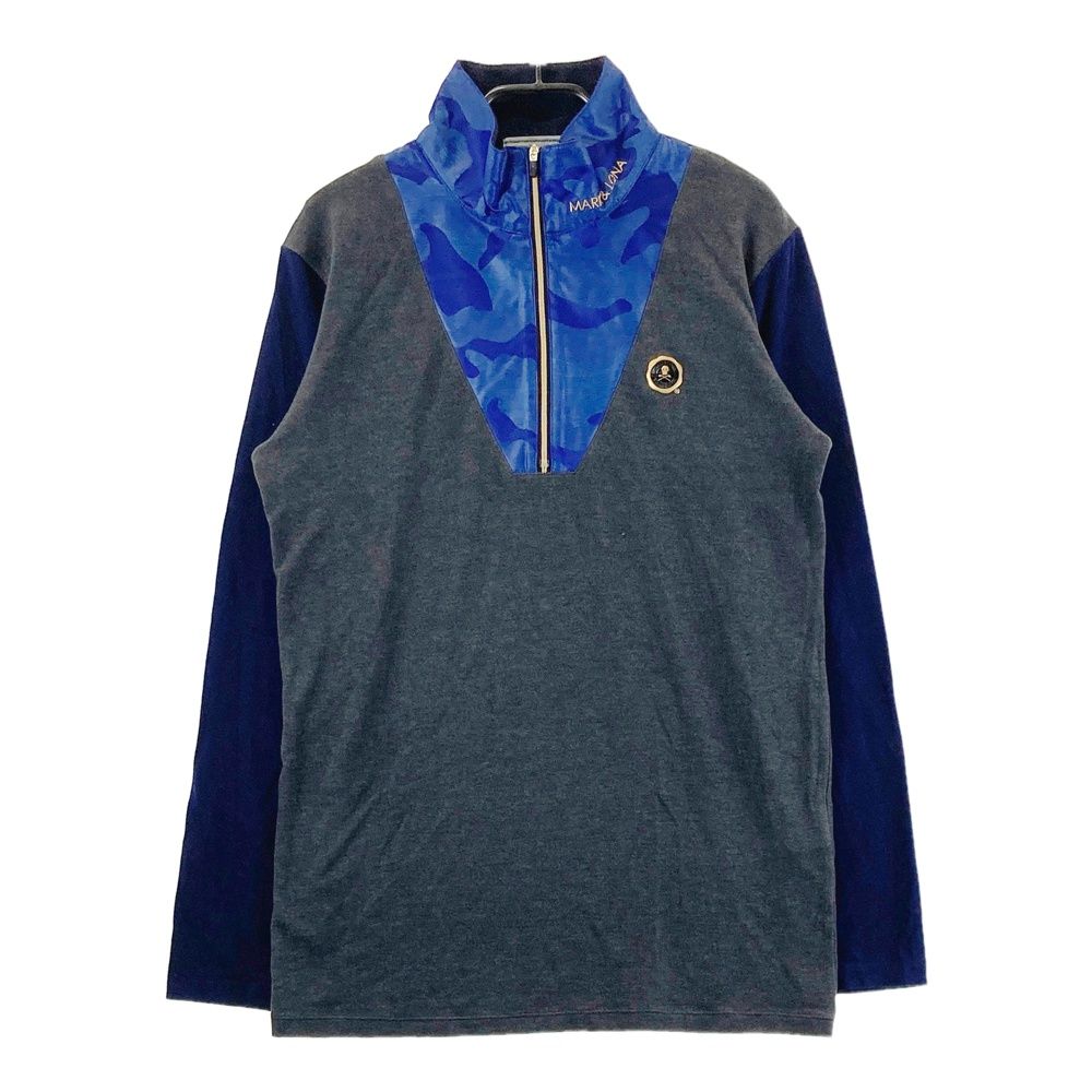サイズ M MARK-LONA マークアンドロナ 切替 ハーフジップ長袖Tシャツ フリース カモフラ柄 ブルー系 240101462747 ゴルフウェア メンズ ストスト