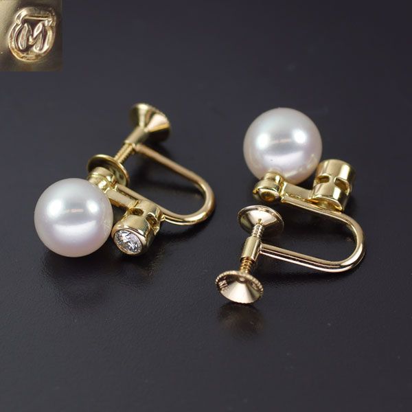 ミキモト K 18 YG アコヤ真珠 ダイヤモンド イヤリング 径約8.0 mm