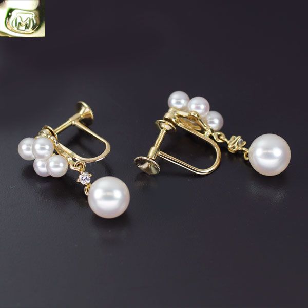 ミキモト K 18 YG アコヤ真珠 ダイヤモンド イヤリング 径約3.4-6.8 mm