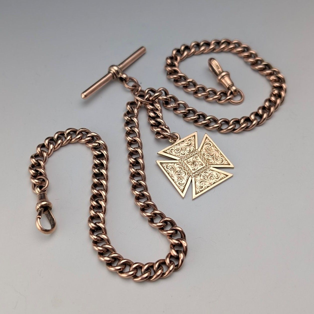 英国アンティーク 9 ctローズゴールド ダブルアルバートチェーン ctゴールドメダルフォブ 計22.4 g