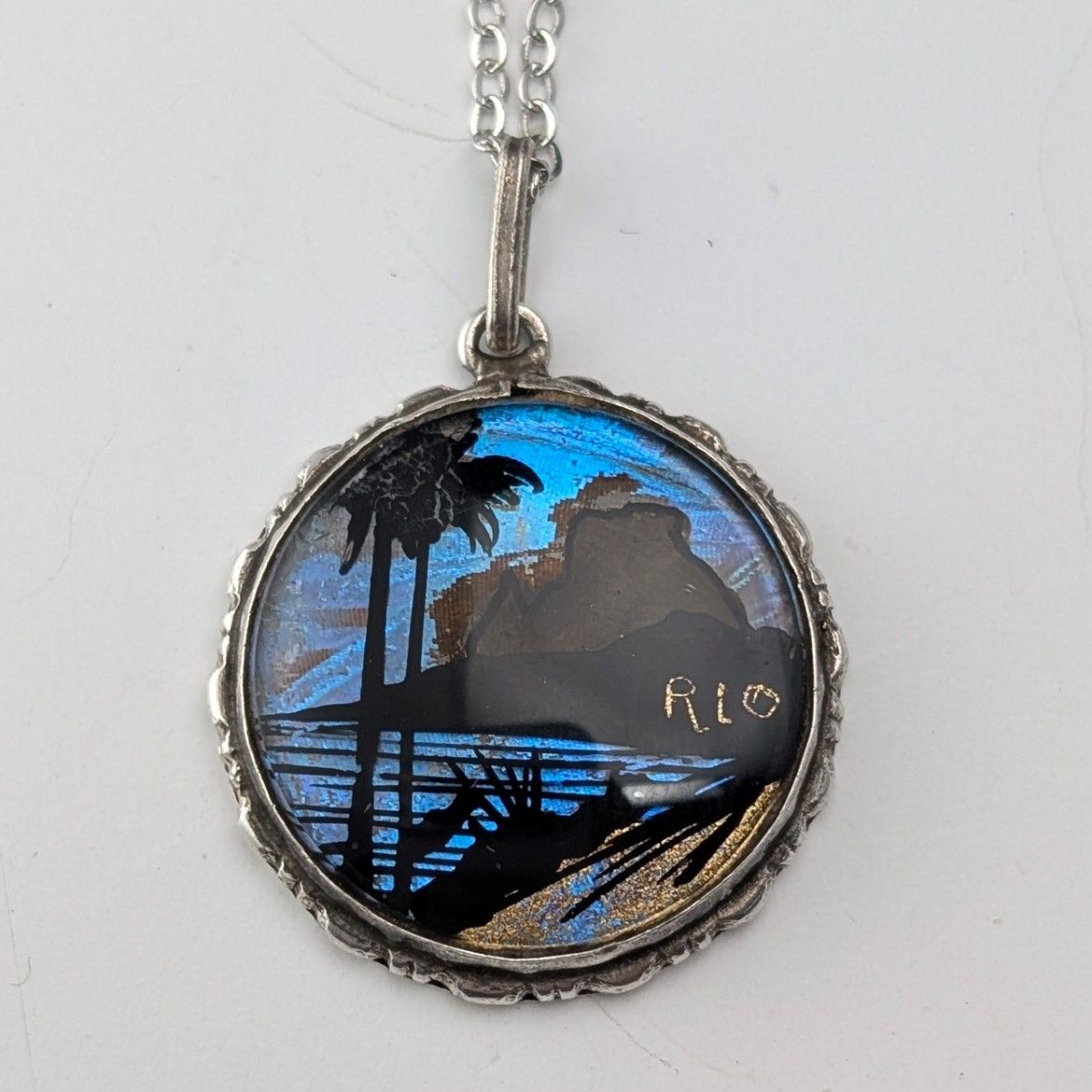 ヴィンテージ 純銀台座 バタフライウイングペンダント 純銀ネックレス付 ④